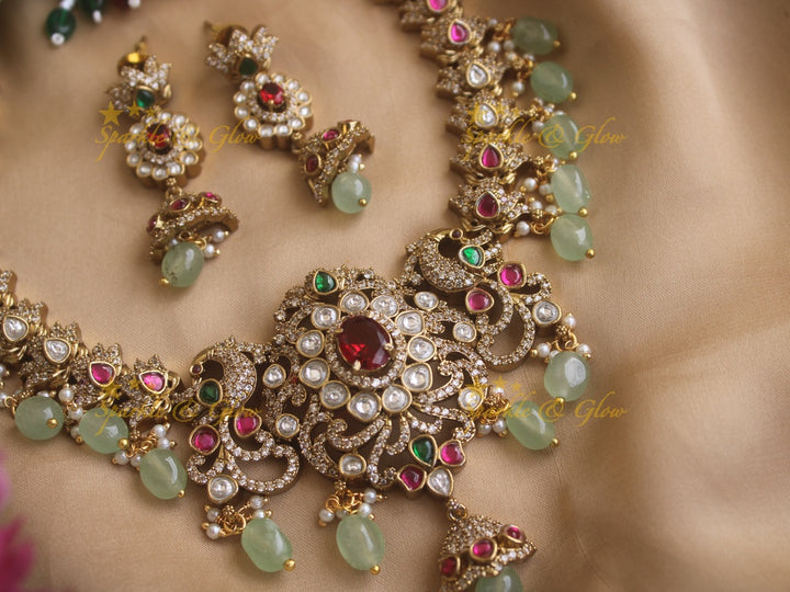 Gorgeous Peacock Victorian AD necklace with ruby and pastel green beads