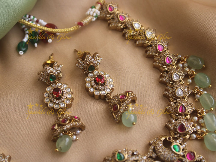 Gorgeous Peacock Victorian AD necklace with ruby and pastel green beads