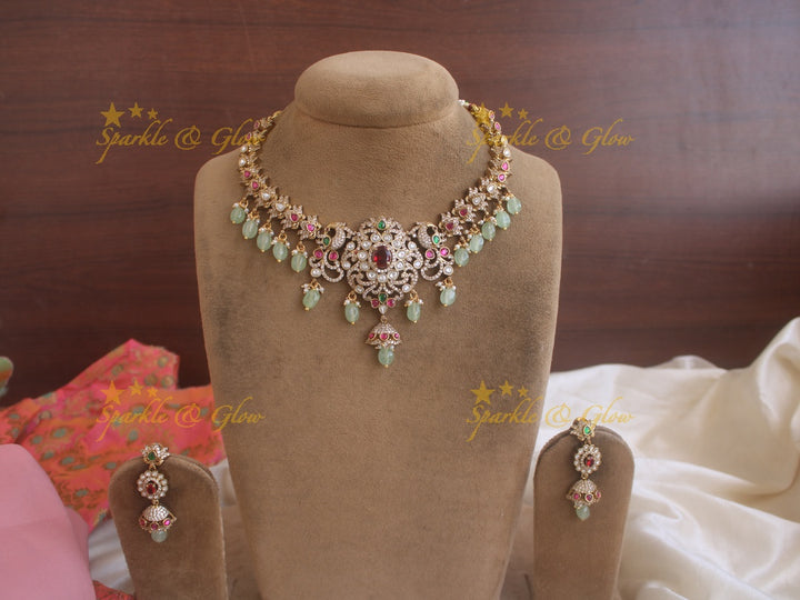 Gorgeous Peacock Victorian AD necklace with ruby and pastel green beads