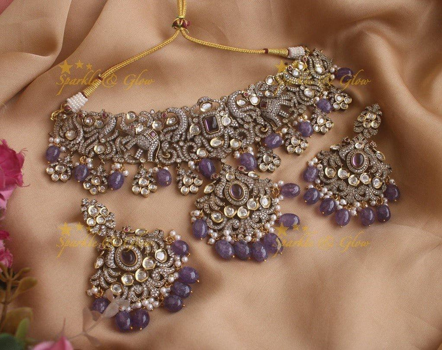 Stunning Peacock and Elephant Victorian AD necklace with purple stones and beads - Sparkle and Glow