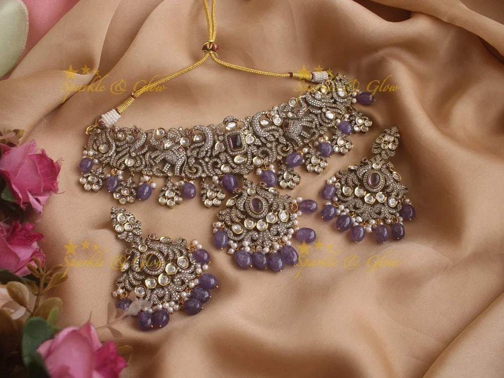 Stunning Peacock and Elephant Victorian AD necklace with purple stones and beads - Sparkle and Glow