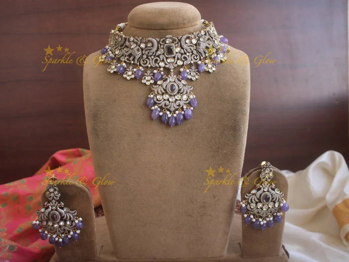 Stunning Peacock and Elephant Victorian AD necklace with purple stones and beads - Sparkle and Glow