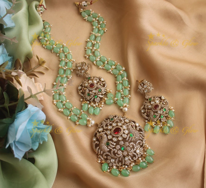 Gorgeous Peacock Victorian AD haram with ruby emarald and red beads