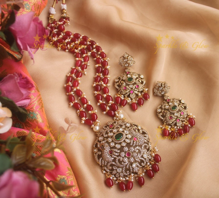 Gorgeous Peacock Victorian AD haram with ruby emarald and red beads