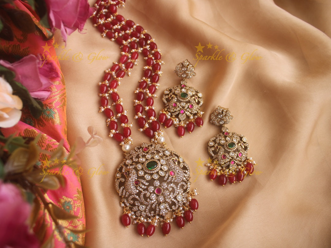 Gorgeous Peacock Victorian AD haram with ruby emarald and red beads