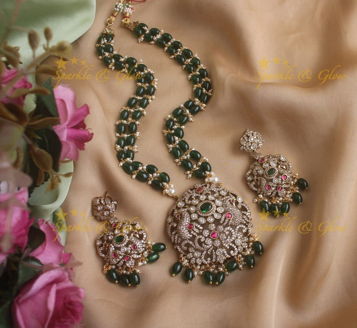 Gorgeous Peacock Victorian AD haram with ruby emarald and red beads