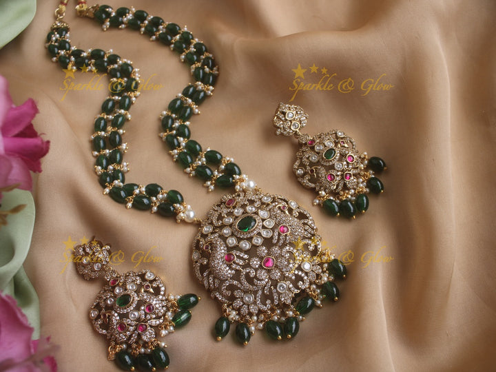 Gorgeous Peacock Victorian AD haram with ruby emarald and green beads