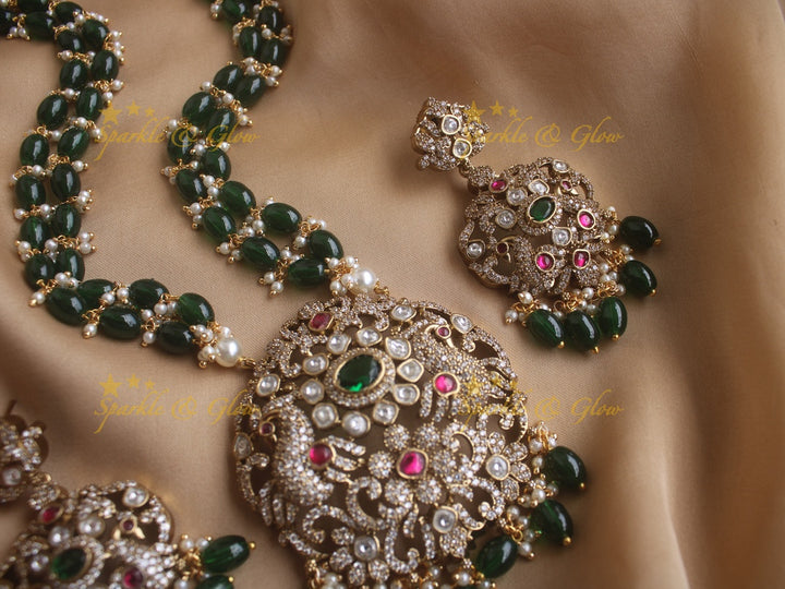 Gorgeous Peacock Victorian AD haram with ruby emarald and green beads