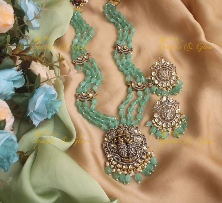 Beautiful Krishna pendent Victorian AD haram with pink beads