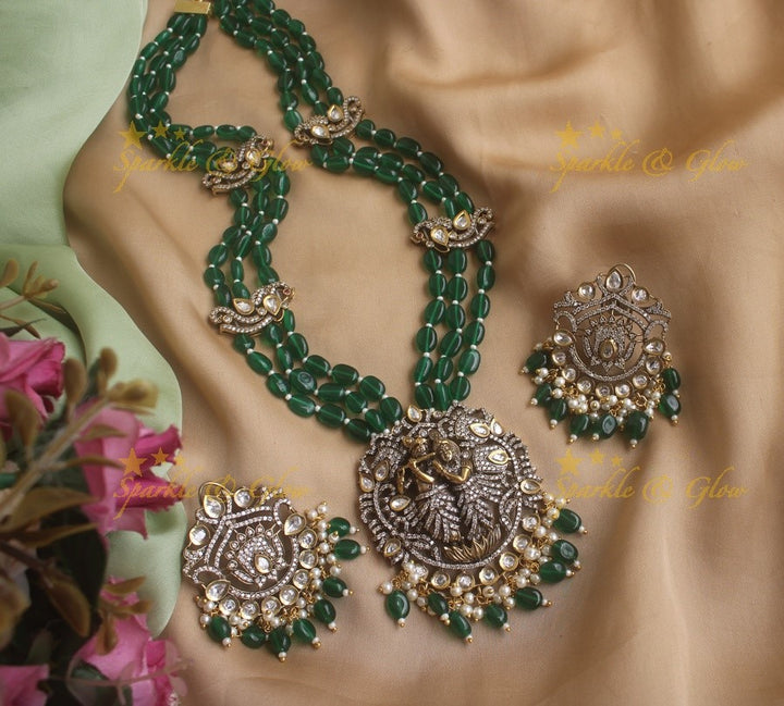 Beautiful Krishna pendent Victorian AD haram with pink beads