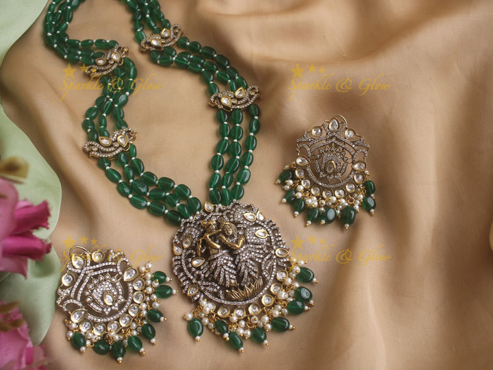Beautiful Krishna pendent Victorian AD haram with green beads