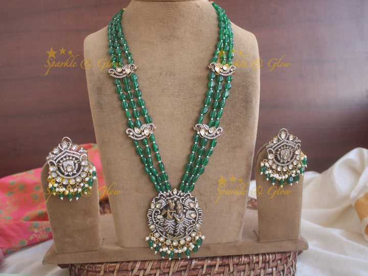 Beautiful Krishna pendent Victorian AD haram with green beads