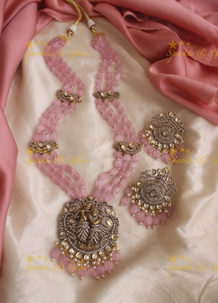 Beautiful Krishna pendent Victorian AD haram with pink beads