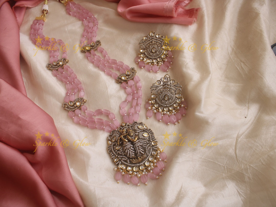 Beautiful Krishna pendent Victorian AD haram with pink beads