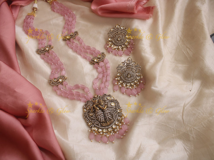 Beautiful Krishna pendent Victorian AD haram with pink beads