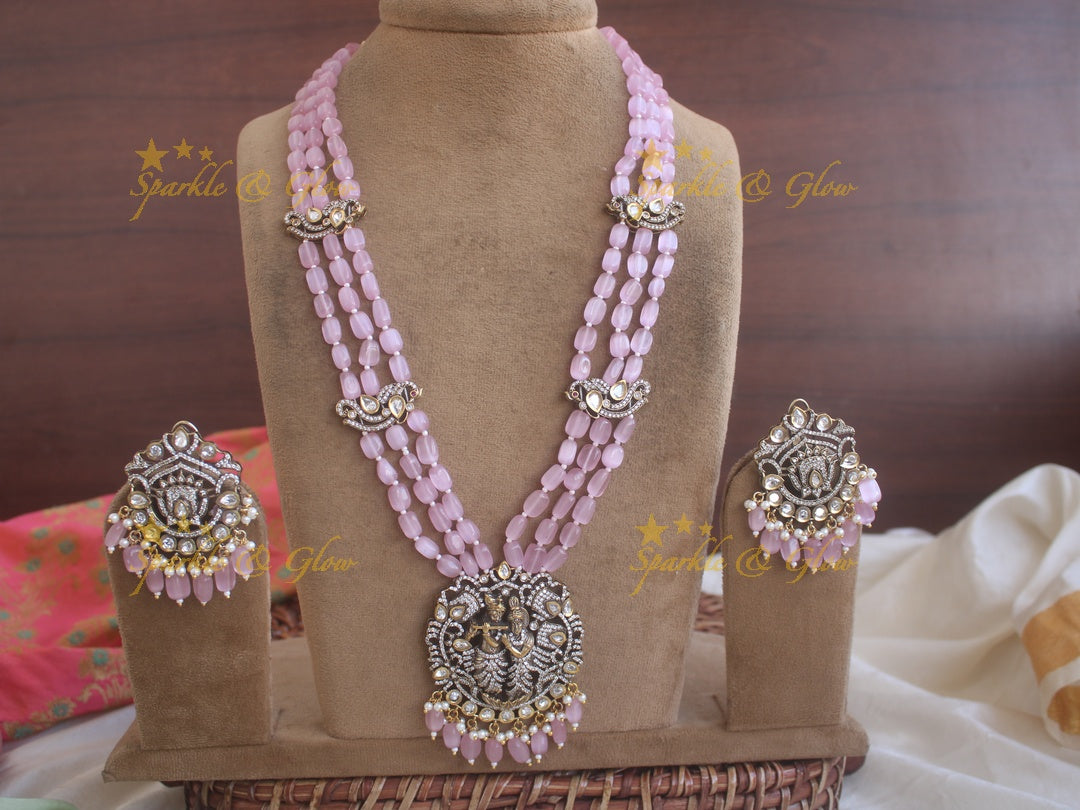 Beautiful Krishna pendent Victorian AD haram with pink beads