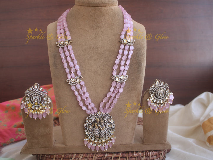 Beautiful Krishna pendent Victorian AD haram with pink beads