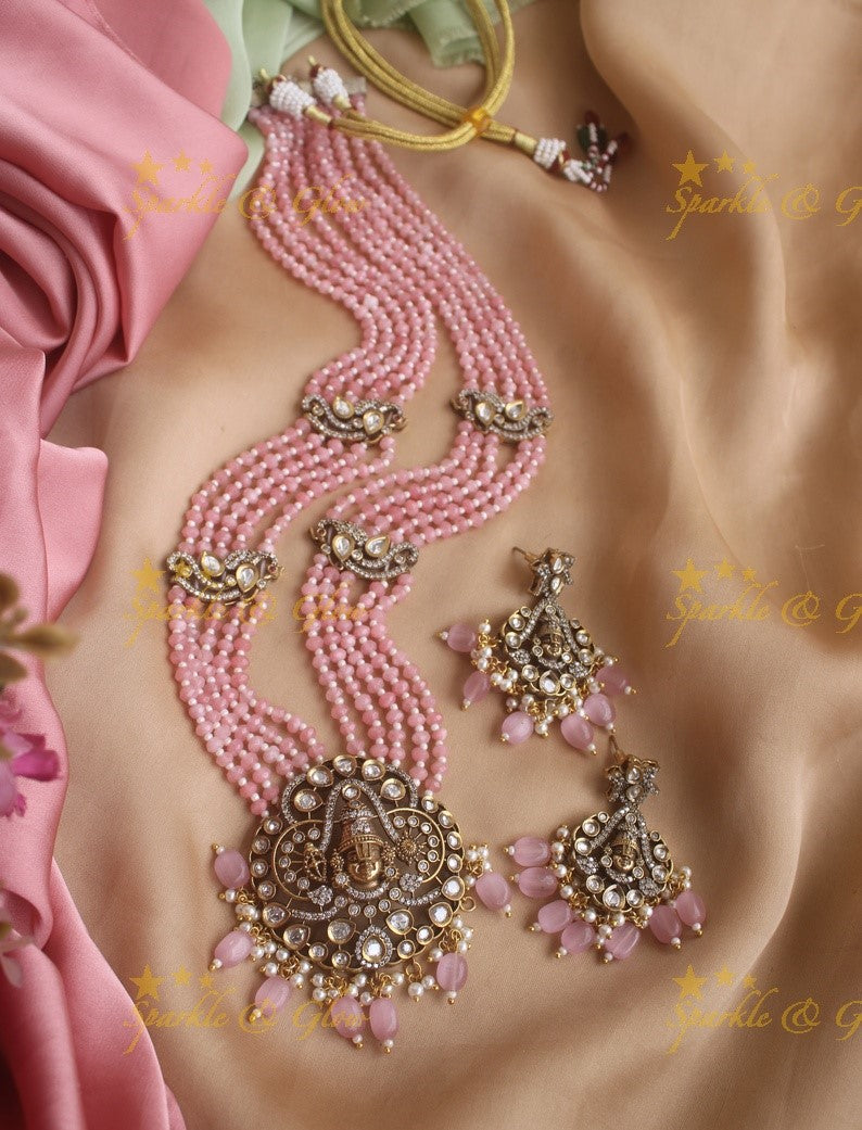 Exquisite Venkatesh pendent Victorian AD haram with pink beads