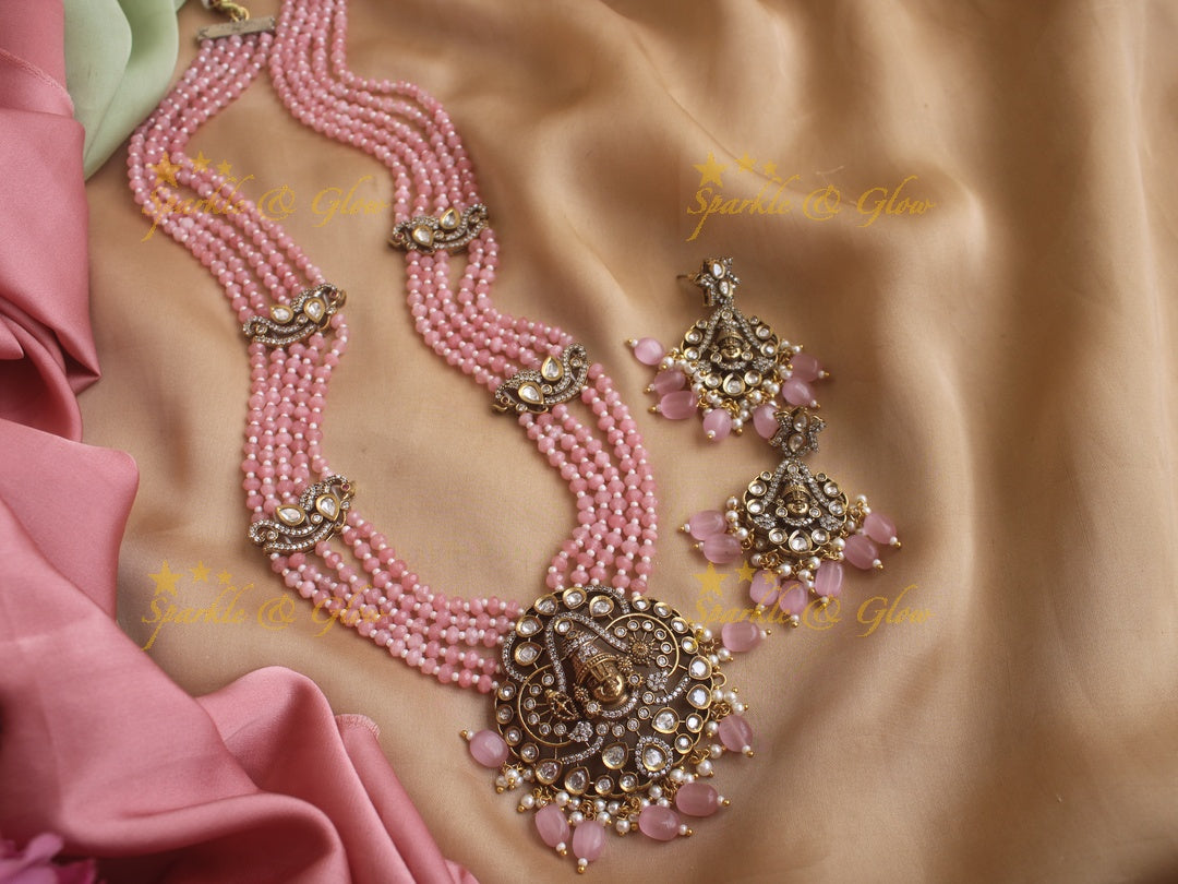 Exquisite Venkatesh pendent Victorian AD haram with pink beads