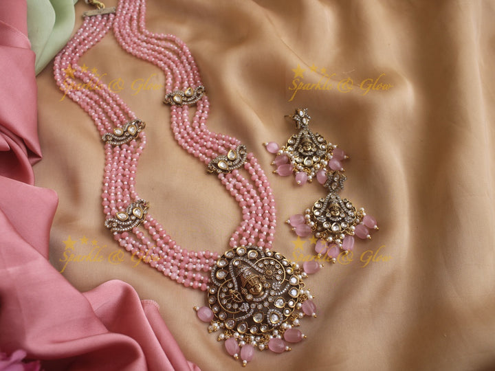 Exquisite Venkatesh pendent Victorian AD haram with pink beads