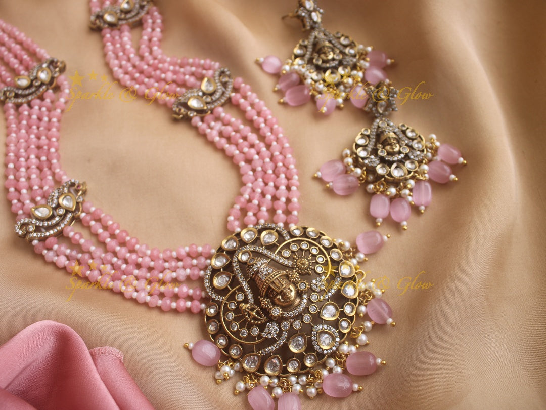 Exquisite Venkatesh pendent Victorian AD haram with pink beads