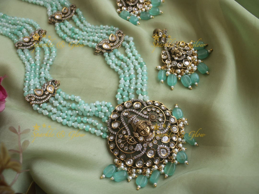Exquisite Venkatesh pendent Victorian AD haram with lite blue beads