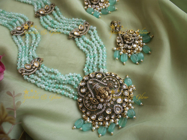 Exquisite Venkatesh pendent Victorian AD haram with lite blue beads