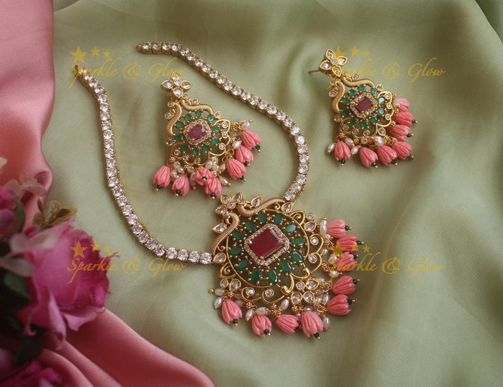 Statement Peacock Victorian AD necklace with ruby emerald and peach beads
