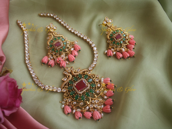 Statement Peacock Victorian AD necklace with ruby emerald and peach beads
