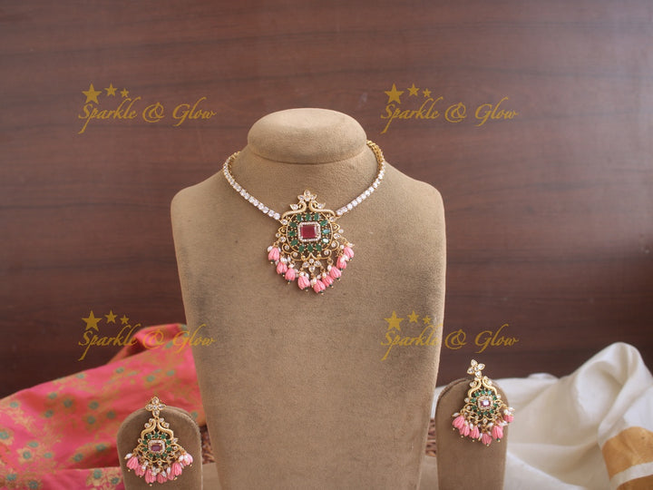 Statement Peacock Victorian AD necklace with ruby emerald and peach beads