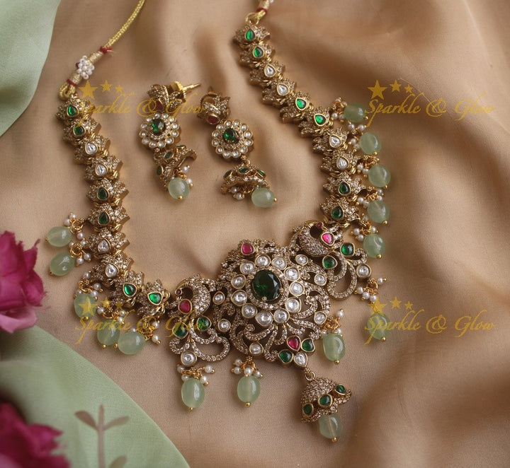 Gorgeous Peacock Victorian AD necklace with ruby and pastel green beads