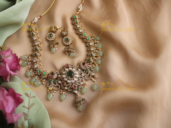 Gorgeous Peacock Victorian AD necklace with emerald and pastel green beads
