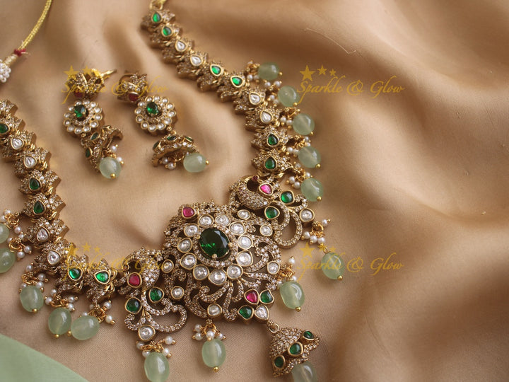Gorgeous Peacock Victorian AD necklace with emerald and pastel green beads