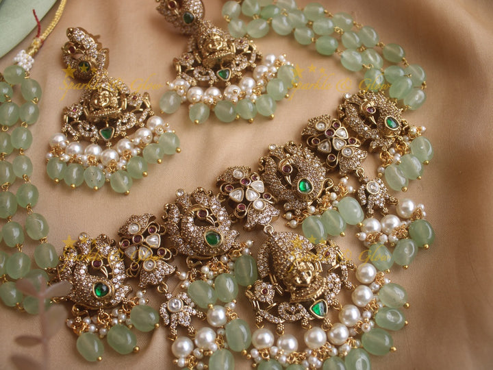 Exquisite Venkatesh peacock Victorian AD highneck choker with pastel green beads