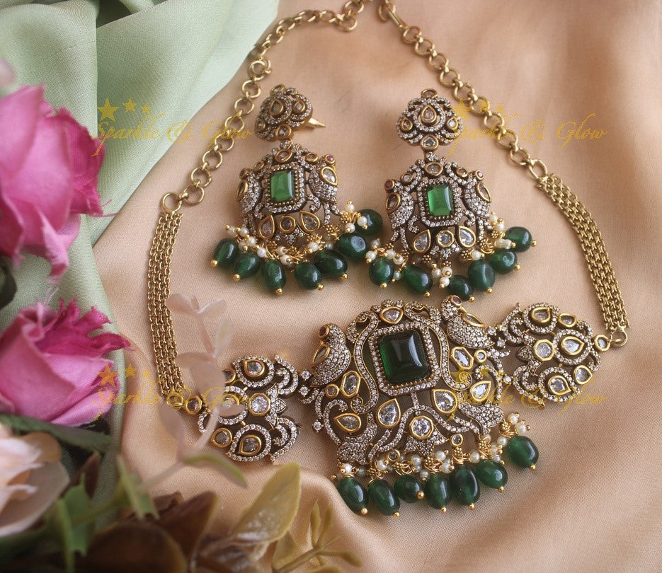 Statement Peacock Victorian AD highneck choker with pink stones and beads