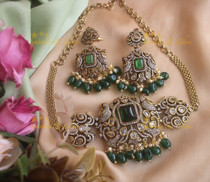 Statement Peacock Victorian AD highneck choker with pink stones and beads