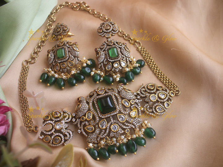 Statement Peacock Victorian AD highneck choker with emerald and green beads