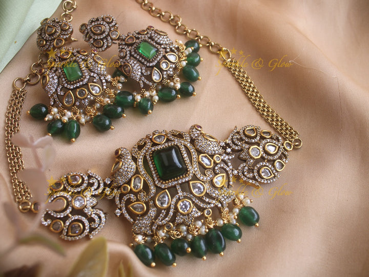 Statement Peacock Victorian AD highneck choker with emerald and green beads