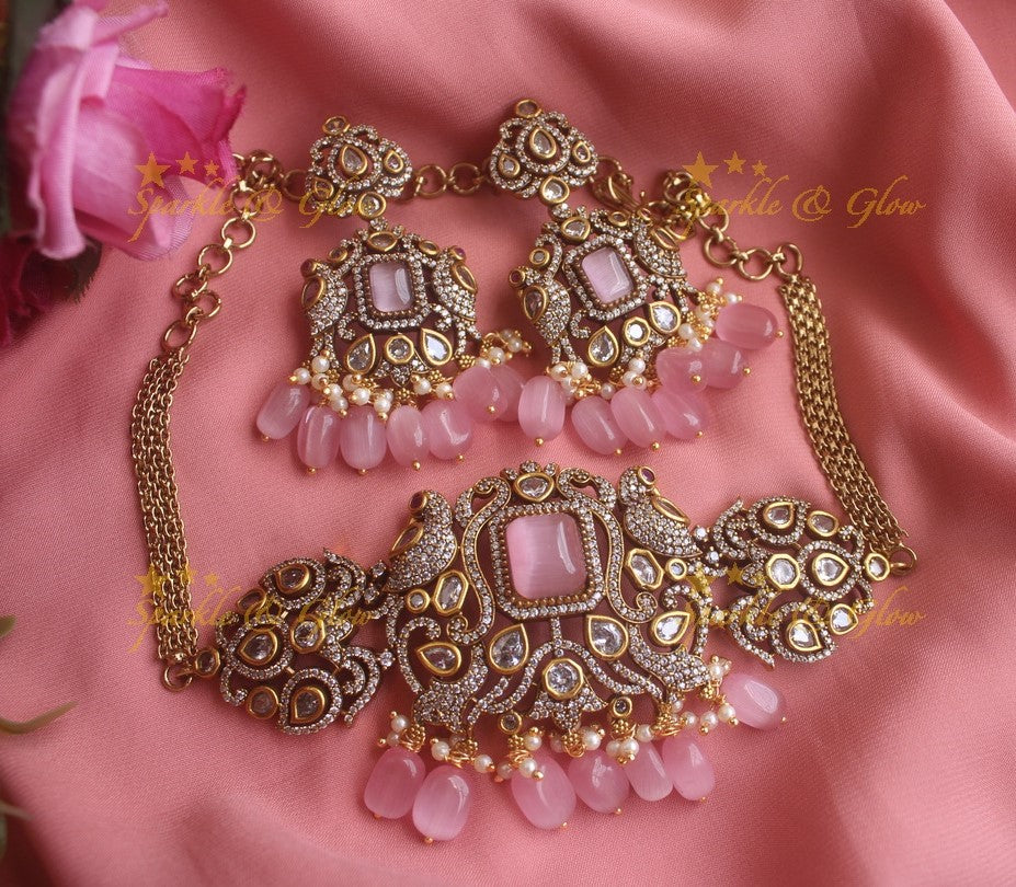Statement Peacock Victorian AD highneck choker with pink stones and beads