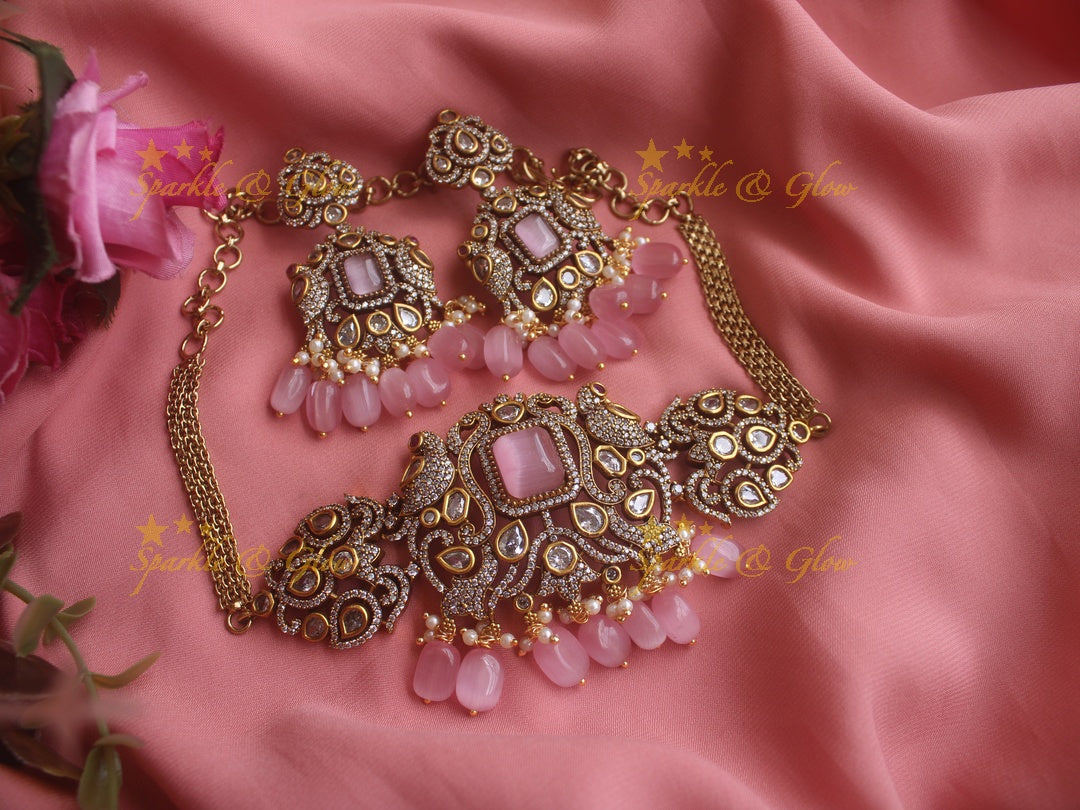 Statement Peacock Victorian AD highneck choker with pink stones and beads