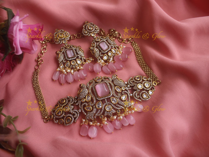 Statement Peacock Victorian AD highneck choker with pink stones and beads