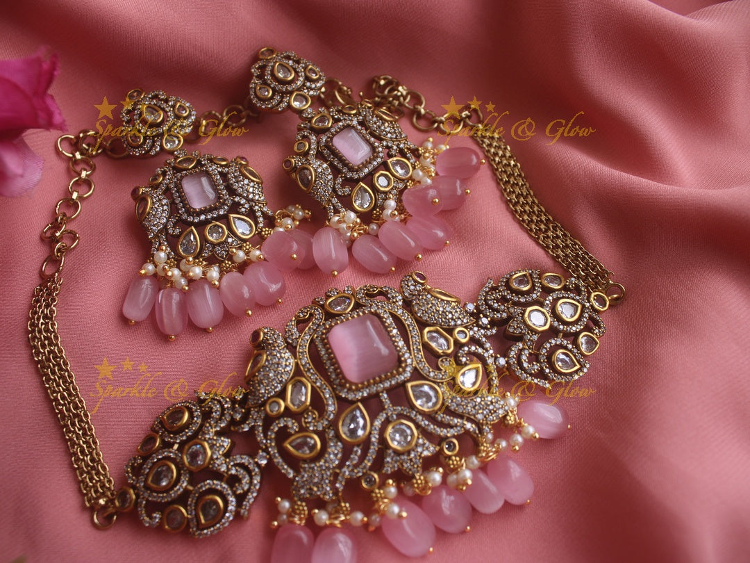 Statement Peacock Victorian AD highneck choker with pink stones and beads