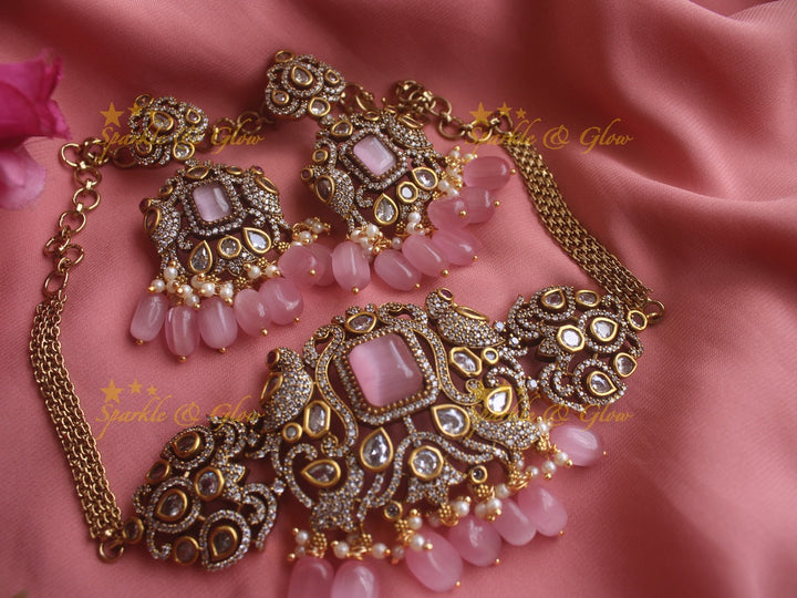 Statement Peacock Victorian AD highneck choker with pink stones and beads
