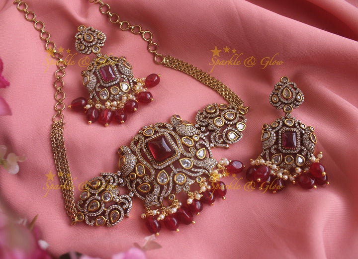 Statement Peacock Victorian AD highneck choker with pink stones and beads