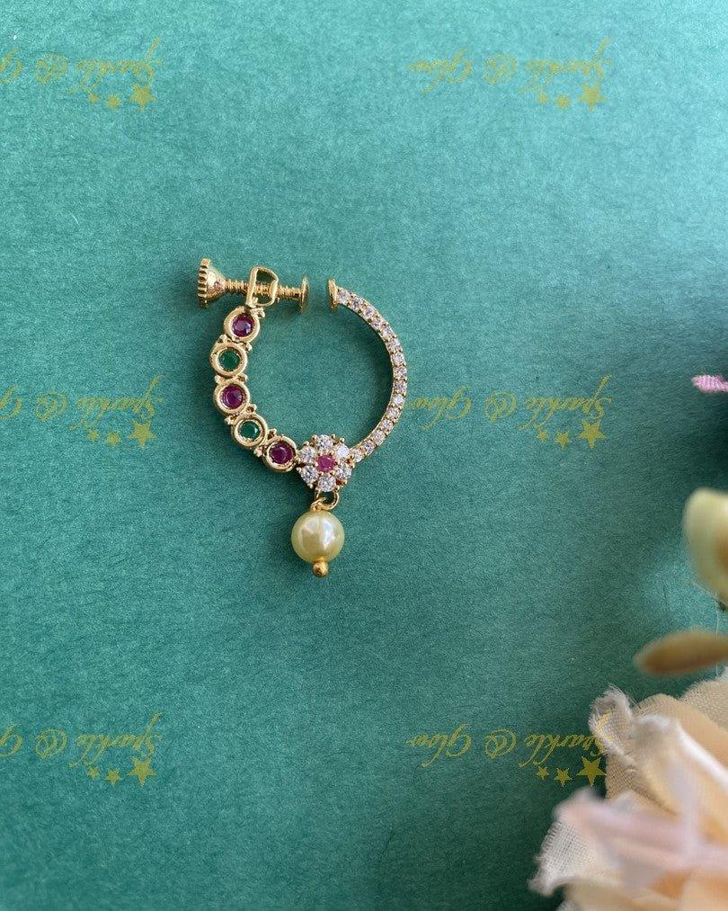 Gold polished AD nosepin with pearl - multi - Sparkle and Glow