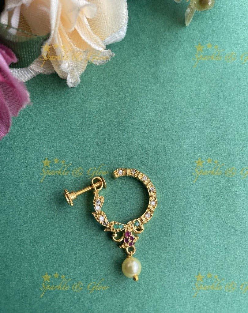 Gold polished AD nosepin with pearl - Red - Sparkle and Glow