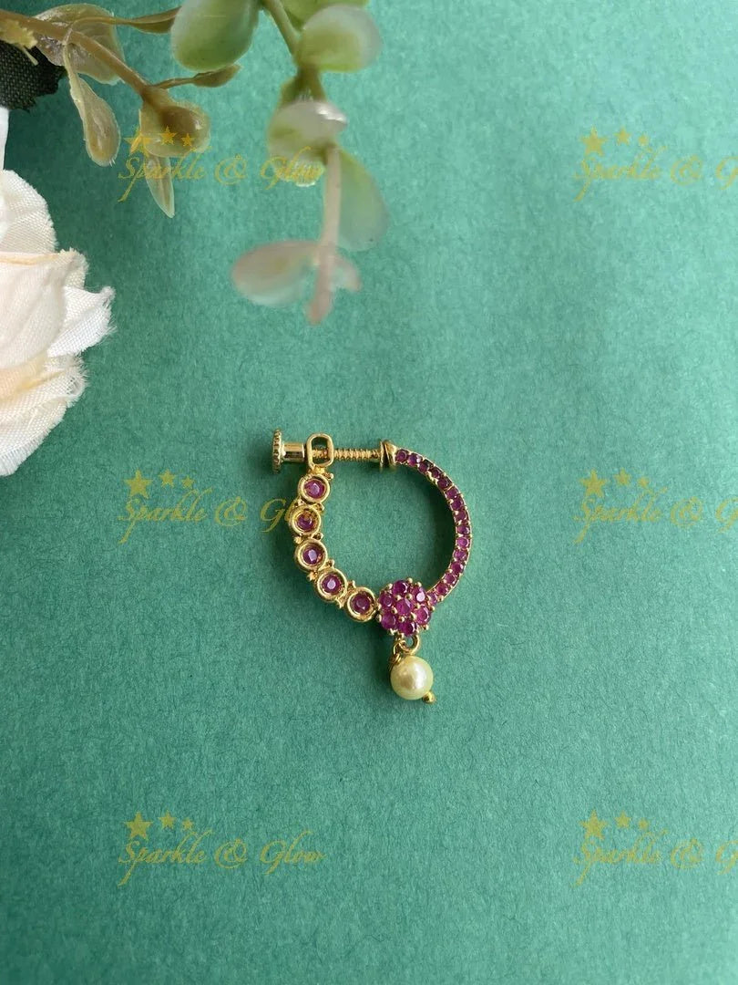 Gold polished AD nosepin with pearl - multi - Sparkle and Glow