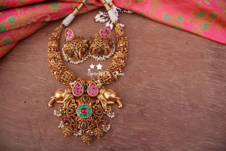 Kundan stone intricate work elephant design pipe choker - White Pink - Sparkle and Glow