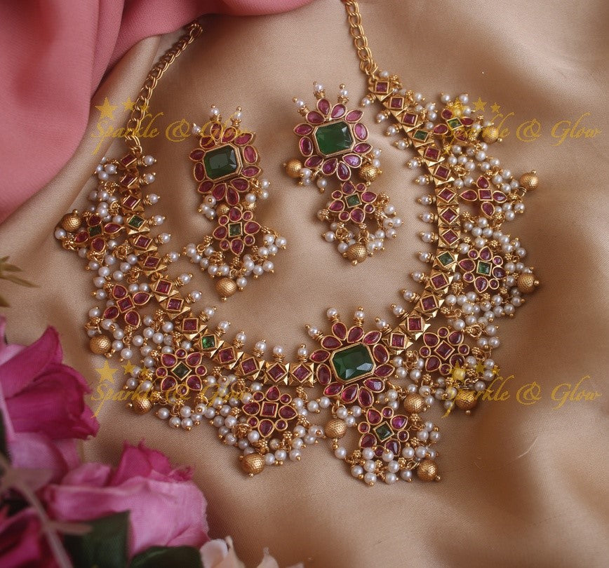 Beautiful Gutta pusulu short necklace with ruby emerald pearls and gold beads
