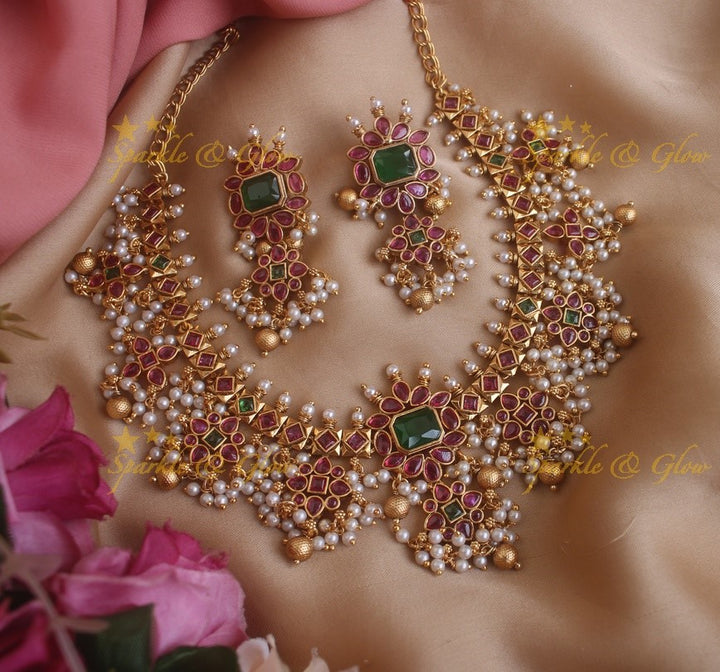 Beautiful Gutta pusulu short necklace with ruby emerald pearls and gold beads